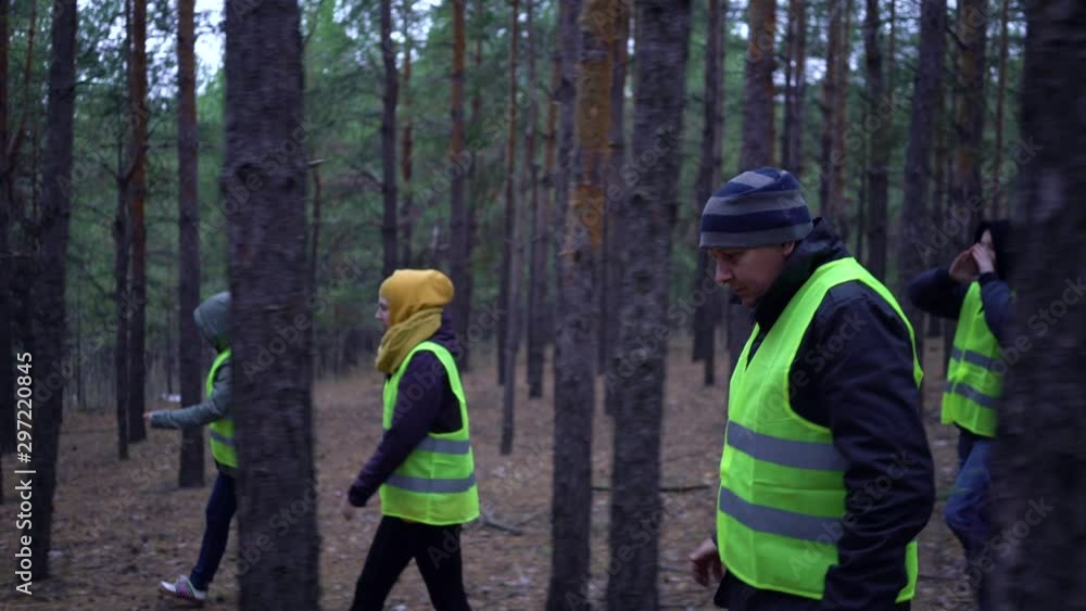 group of volunteers in green vests went in search of missing persons in a pine forest group of volunteers in green vests went in search of missing persons in a pine forest