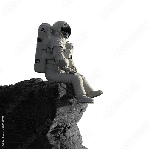 Canvastavla astronaut on the Moon sitting on a cliff, isolated on white background