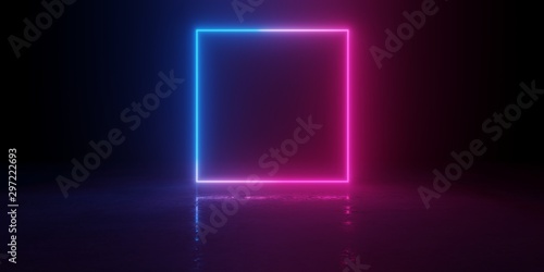 Abstract blue and red glowing neon light square in empty concrete room with shiny reflective floor