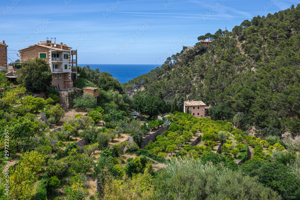 Spanish village in Sierra de Tramuntana mountains on Mallorca island
