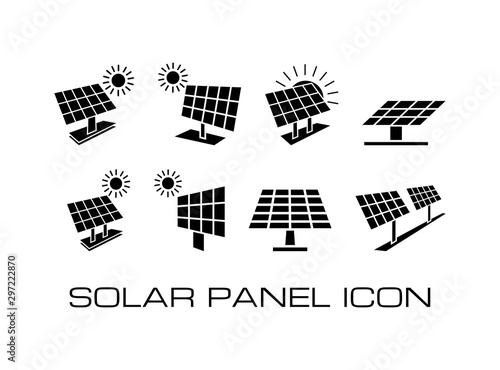 Set of Solar Panel Icon in Black Style. Consist of Eight Icon Image Isolated on White Background. Vector Illustration.