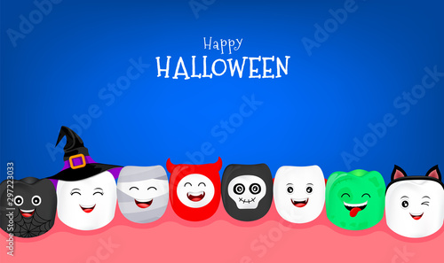 Cartoon spooky tooth on Halloween costumes. Trick or treat, Halloween concept. Illustration isolated on blue background.