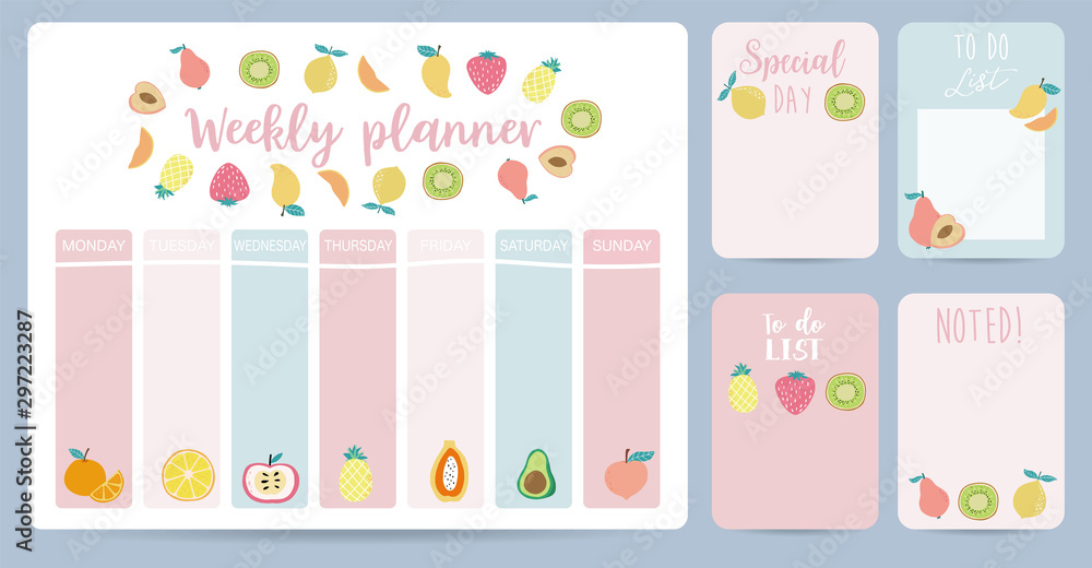 cute weekly planner background with strawberry, mango,kiwi,lemon.Vector illustration for kid and baby.Editable element