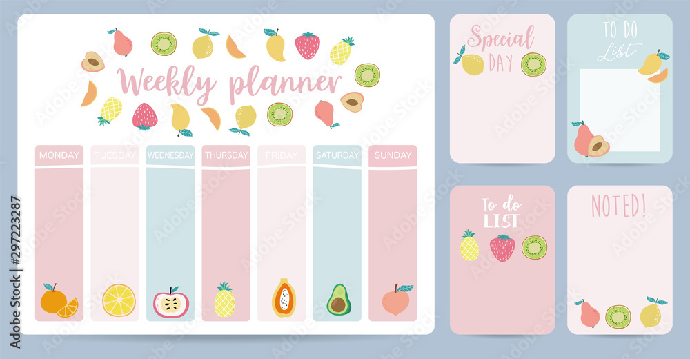 cute weekly planner background with strawberry, mango,kiwi,lemon.Vector illustration for kid and baby.Editable element cute weekly planner background with strawberry, mango,kiwi,lemon.Vector illustration for kid and baby.Editable element