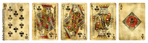 Clubs Suit Vintage Playing Cards, Set include Ace, King, Queen, Jack and Ten - isolated on white.