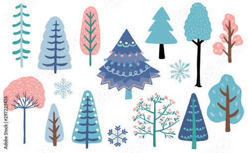 Winter tree set with blue,brown,pink illustration for sticker,postcard,background,christmas invitation