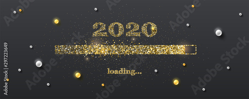 Golden loading bar with transition to 2020 new year on black background. Happy New Year and Christmas card with glittering progress bar and gold and white pearls. Vector illustration EPS10