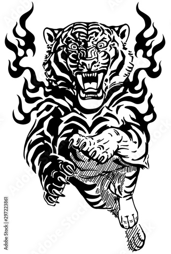Jump of roaring tiger in tongues of flame. Angry wild big cat. Front view. Tribal tattoo style black and white vector illustration