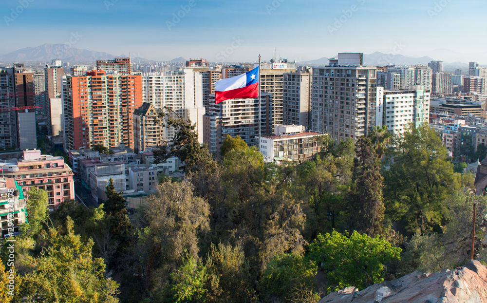 Panorama of Downtown Santiago Chile with Chilean Flag from Santa Lucia Hill