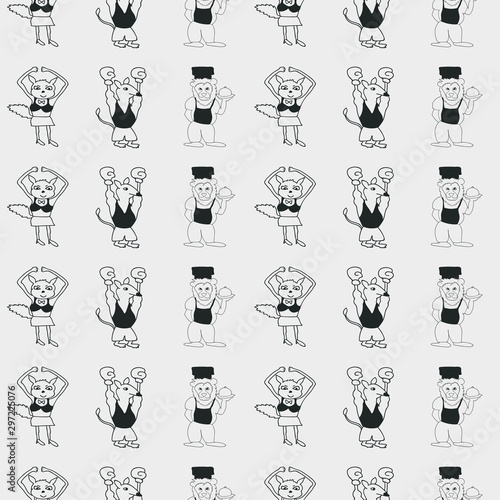 Vector black and white vertical anthropomorphic cartoon characters seamless pattern background