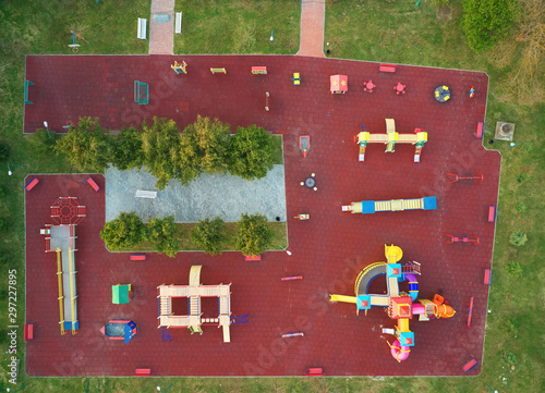 Aerial view of playgrounds in garden.