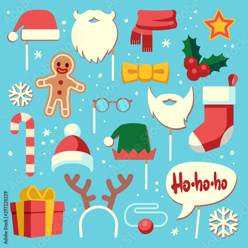Christmas photo booth. Props santa hat and beard, elf hat, festive gift stocking. Snowflake, deer horns holiday accessory vector set