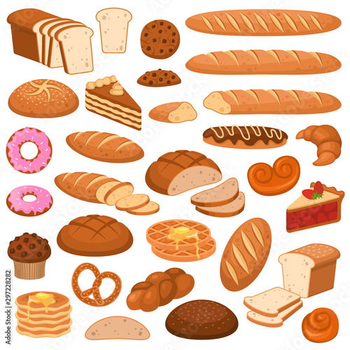 Cartoon bread and cakes. Bakery wheat products, rye breads. Baguette, pretzel and ciabatta, croissant and cupcake, waffles vector set