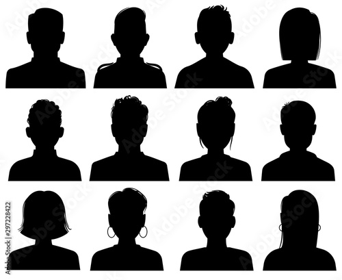 Silhouette heads. Male and female head avatars, office professional profiles. Anonymous faces portraits, black outline photo vector set
