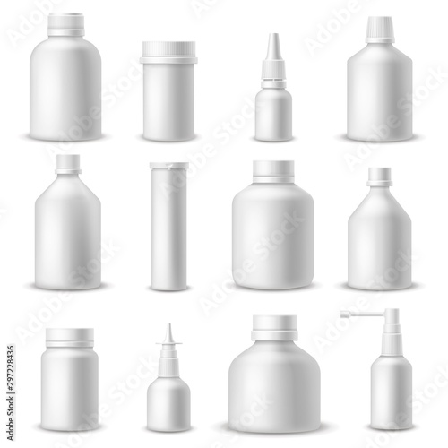 White medical bottles. 3d realistic blank plastic pharmaceutical packaging. Medical and cosmetic containers for spray and pills vector set
