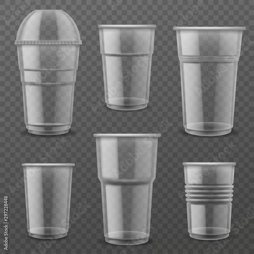 Transparent plastic disposable cups. Empty glasses various size for cold, hot drink for coffee takeaway, juice 3d realistic vector mockup