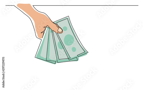 continuous line drawing of hand giving money banknotes
