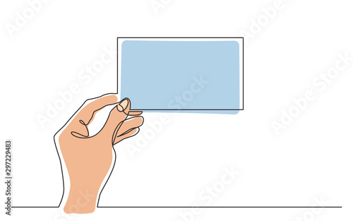 continuous line drawing of hand holding blank horizontal piece of paper