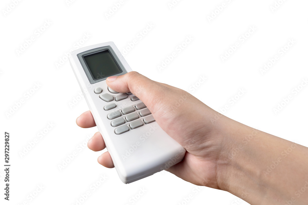 Female hand holding and press the remote control isolated on white with clipping path. Female hand holding and press the remote control isolated on white with clipping path.