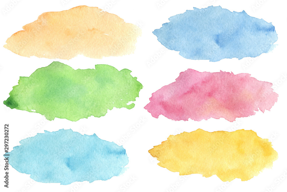 Fototapeta premium Set of watercolor colorful spots; hand drawn artistic Illustration for your design. Blue, orange, green, pink, purple, yellow color; creative shape, isolated objects on white background.