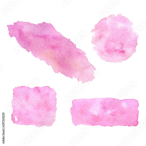 Set of watercolor colorful spots; hand drawn artistic Illustration for your design. Pink color; circle, square, rectangle shape; isolated objects on white background