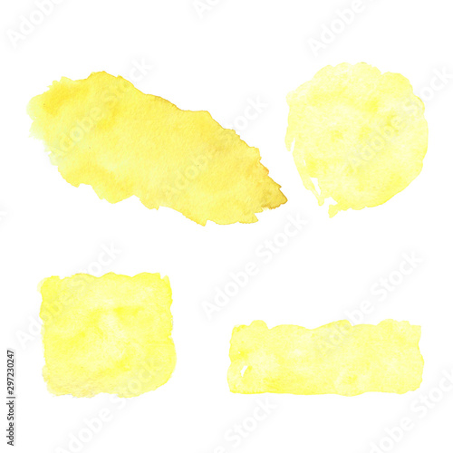 Set of watercolor colorful spots; hand drawn artistic Illustration for your design. Yellow color; circle, square, rectangle shape; isolated objects on white background