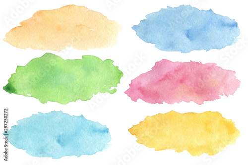 Set of watercolor colorful spots; hand drawn artistic Illustration for your design. Blue, orange, green, pink, purple, yellow color; creative shape, isolated objects on white background.
