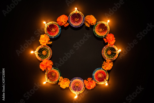 Canvastavla Happy Diwali - Clay Diya lamps lit during Dipavali, Hindu festival of lights celebration
