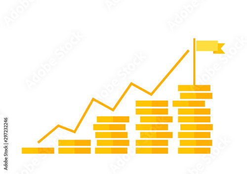 Savings, increasing columns of gold coins isolated on background with flag photo