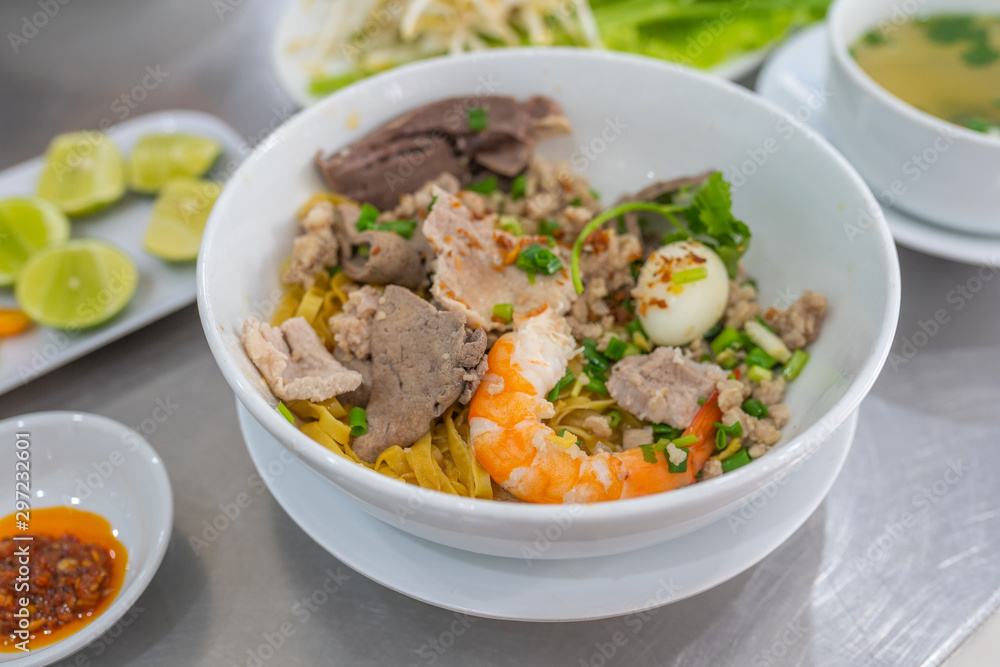 Bowl of delicious Vietnamese shrimp and pork mixed noodle Bowl of delicious Vietnamese shrimp and pork mixed noodle