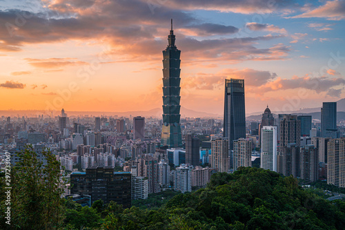 Aerial View landscape with the famed building Taipei 101 with sunset sky and clouds from Viewpoint at Xiangshan.,Taiwan