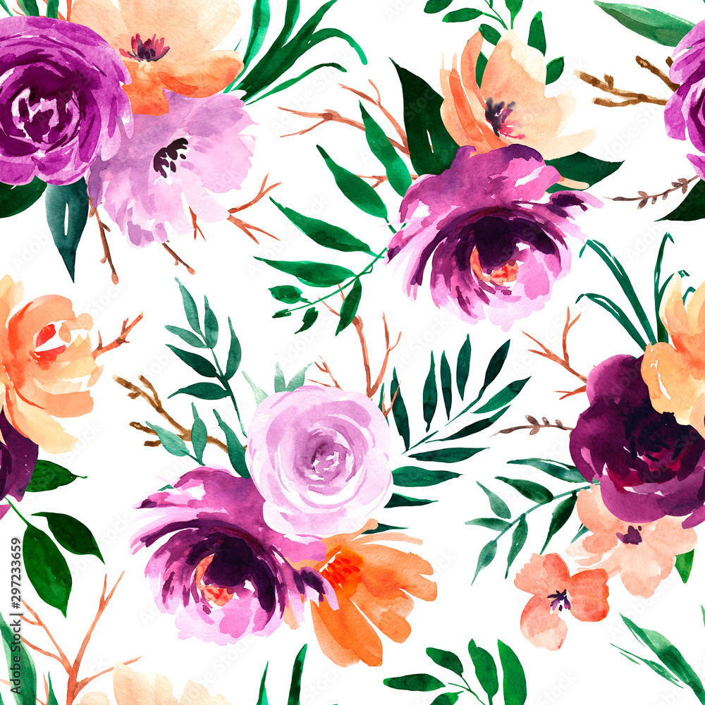 Watercolor floral seamless pattern in a la prima style, watercolor ...