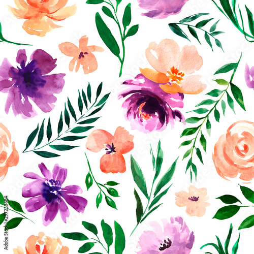 Watercolor floral seamless pattern in a la prima style, watercolor flowers, twigs, leaves, buds. Hand painted floral illustration.