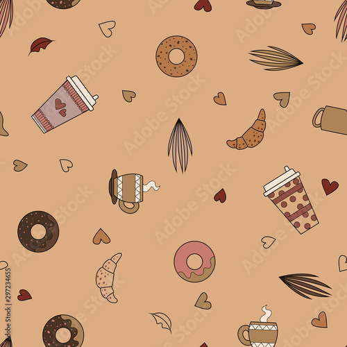 Coffee, donut, muffin doodle design.