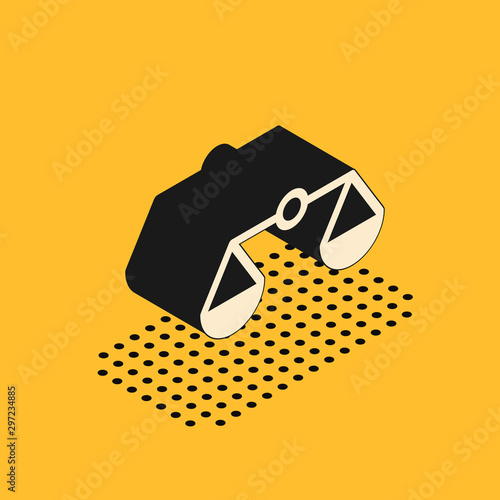 Isometric Scales of justice icon isolated on yellow background. Court of law symbol. Balance scale sign. Vector Illustration