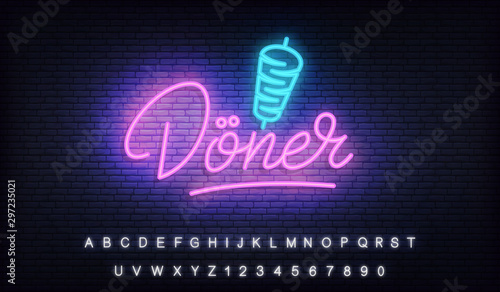 Doner neon. Glowing lettering template sign Doner Kebab