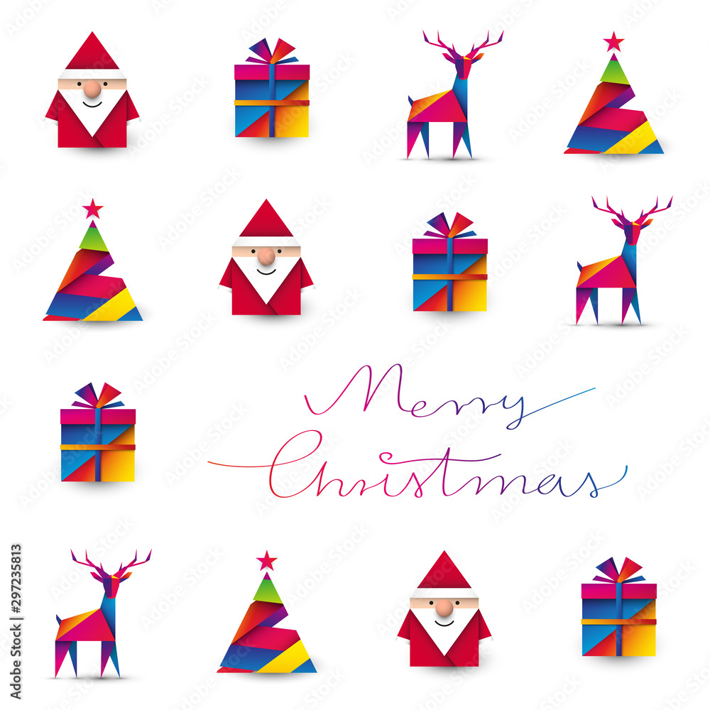 Święty Mikołaj, renifer, choinka i prezent origami. Kartka z życzeniami wektor. - obrazy, fototapety, plakaty 