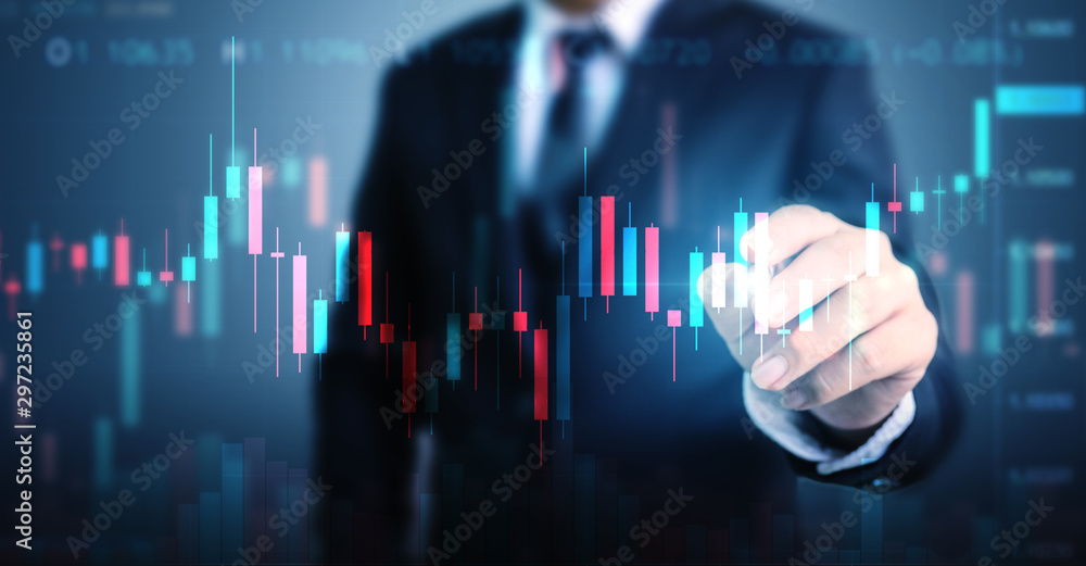Double exposure businessman pointing line dot graph. Technical price candlestick chart graph and indicator stock online trading Double exposure businessman pointing line dot graph. Technical price candlestick chart graph and indicator stock online trading