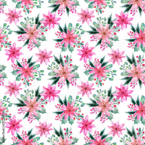 Hand drawn sweet watercolor seamless holiday pattern with different berry poinsettia flowers and leaves pattern