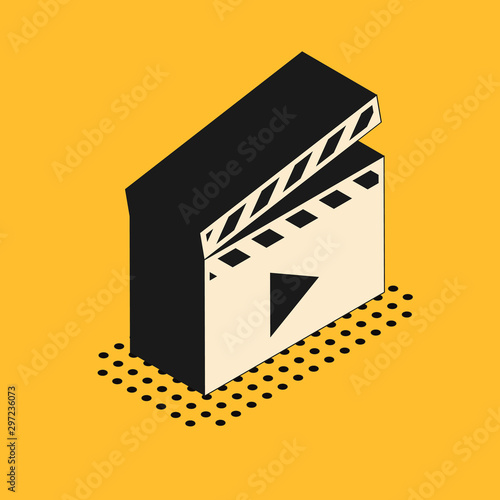 Isometric Movie clapper icon isolated on yellow background. Film clapper board. Clapperboard sign. Cinema production or media industry concept. Vector Illustration
