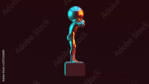 Silver Atlas Statue Holding up the Celestial Heavens Right View with Red Orange and Blue Green Moody 80s lighting