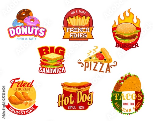 Fast food hamburger, pizza, taco, hot dog icons