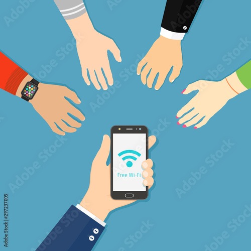 Hand holding black smartphone with Wi-Fi icon. People hands are reaching for free wi-fi. Flat style illustration.