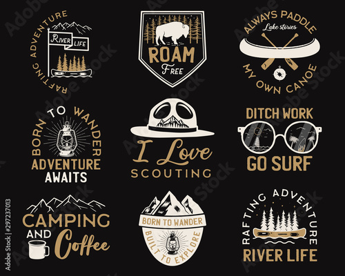 Vintage camp logos, mountain adventure badges set. Hand drawn labels designs. Travel expedition, wanderlust and scouting. Outdoor emblems. Logotypes collection. Stock vector