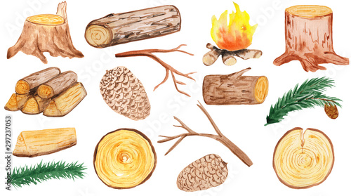 a large set of wooden elements - stump, cones, pine branches, firewood, branches, logs and round saw cuts. aqua illustration for prints, design and cards. hike and walks, eco style. rustic