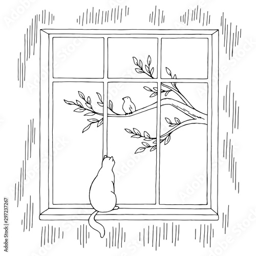 Cat sitting on the windowsill and looking at a bird on a branch graphic black white sketch illustration vector