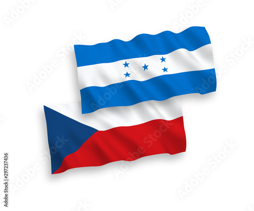National vector fabric wave flags of Czech Republic and Honduras isolated on white background. 1 to 2 proportion.