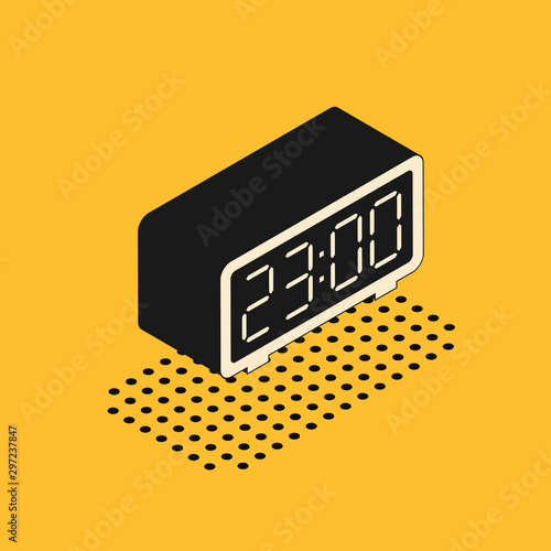 Isometric Digital alarm clock icon isolated on yellow background. Electronic watch alarm clock. Time icon. Vector Illustration