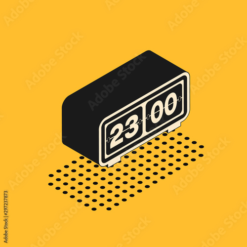 Isometric Retro flip clock icon isolated on yellow background. Wall flap clock, number counter template, all digits with flips. Vector Illustration