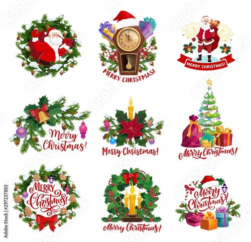 Christams icons with Santa, gifts, New Year wreath